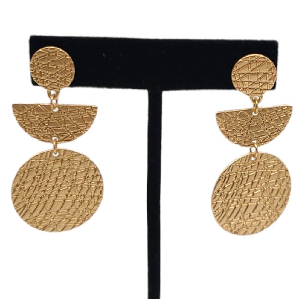 Gold Textured Etched Disc Dangle Drop Post Fashion Earrings